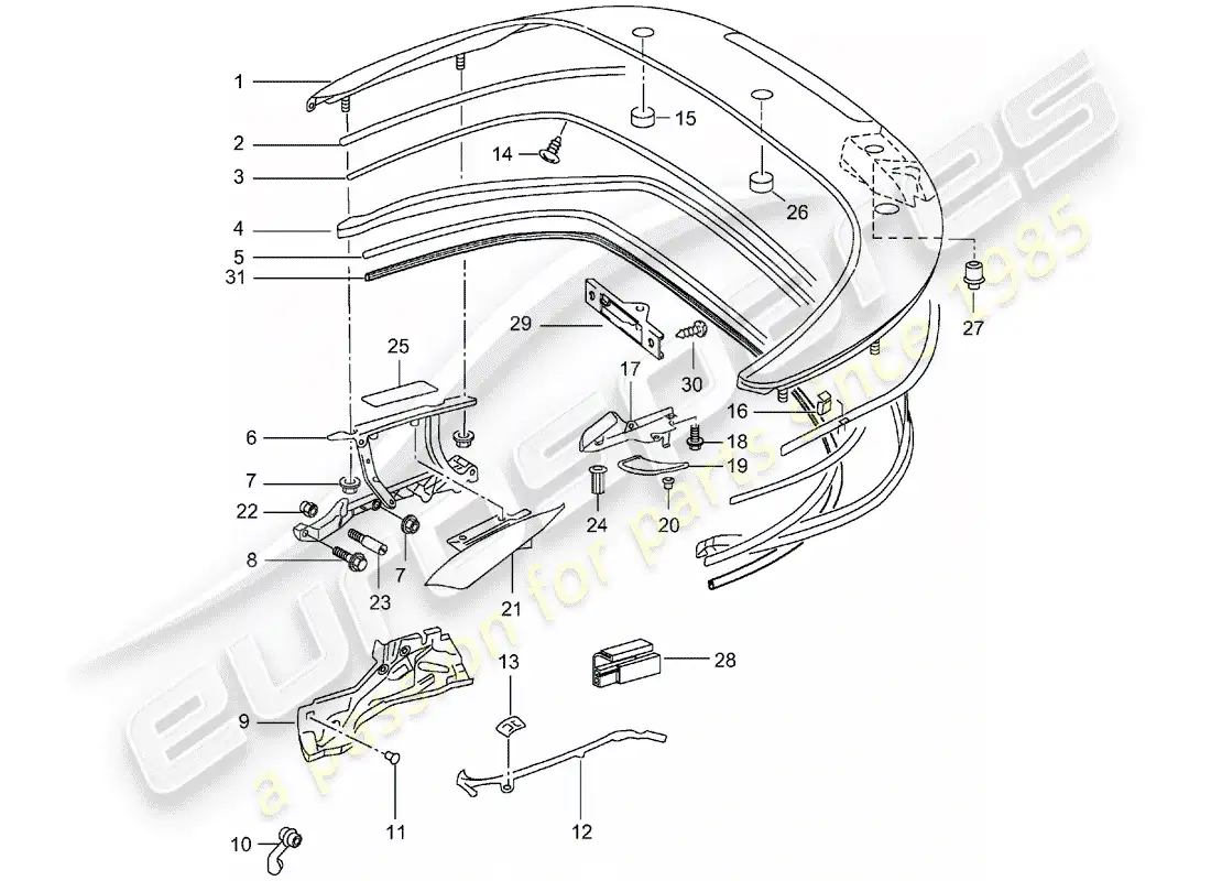 porsche 2004 (996 turbo / gt2) caja de almacenaje superior - tapa - juntas diagrama de piezas