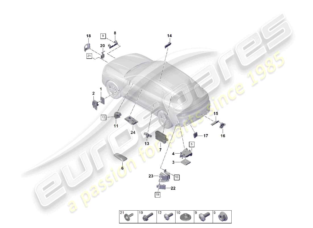 porsche 2024 (cayenne e3 pa) unidades de control parte delantera parte trasera interruptor de encendido/arranque antena controles para el funcionamiento de la puerta del garaje unidad de control para asistencia de cambio de carril unidad de control para regulación de distancia diagrama de piezas