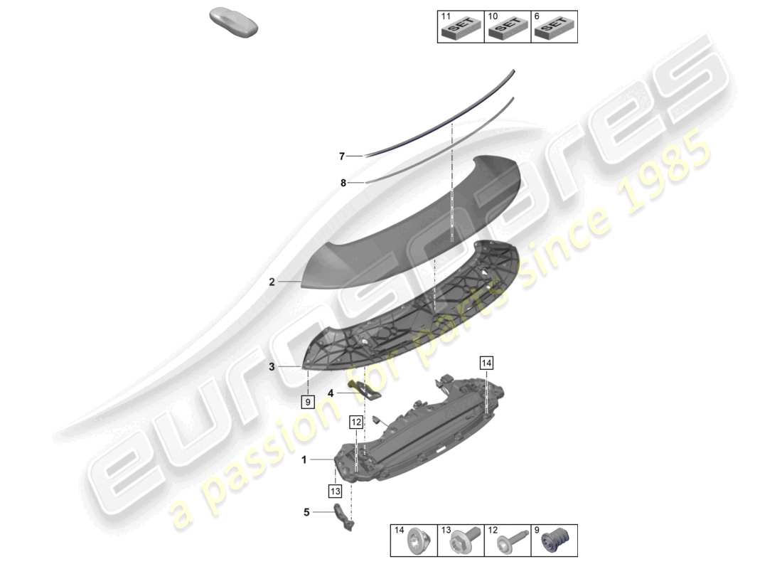 porsche 2021 (992-1 gt3/rs/st) diagrama de piezas del spoiler trasero