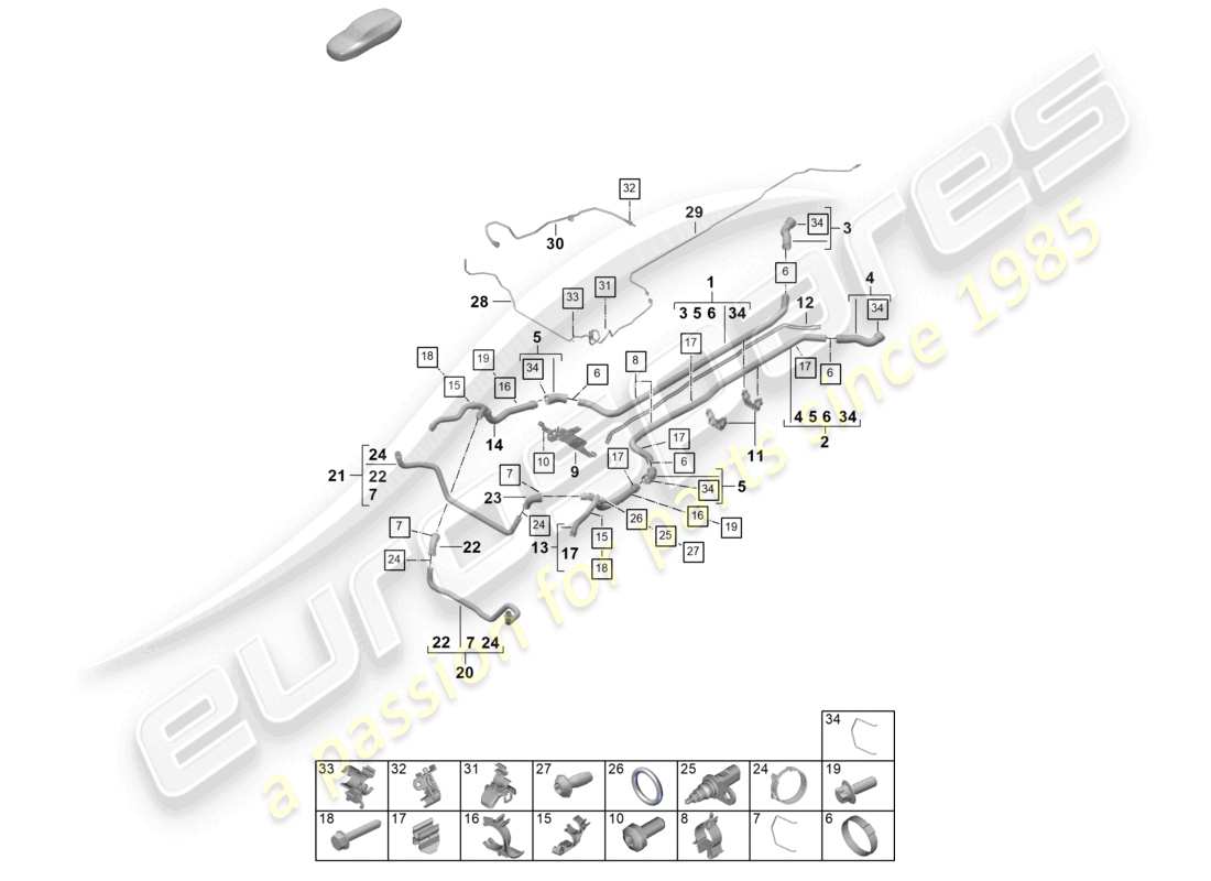 porsche 2024 (992-2) diagrama de piezas del extremo delantero del sistema de enfriamiento del refrigerante