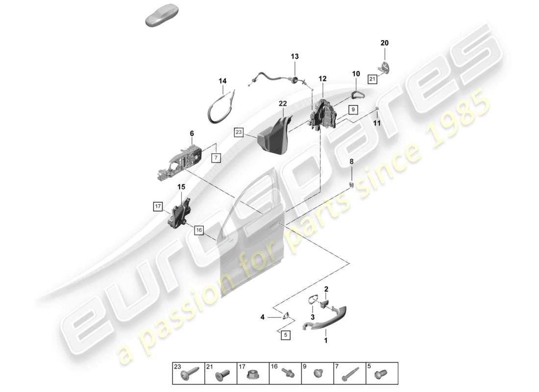 porsche 2023 (cayenne e3 pa) manija de la puerta, diagrama de piezas de la cerradura de la puerta delantera exterior