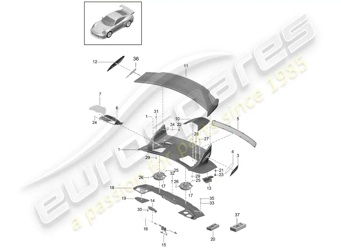 porsche 2016 (991-1 r/gt3/rs) tapa del maletero trasero diagrama de piezas