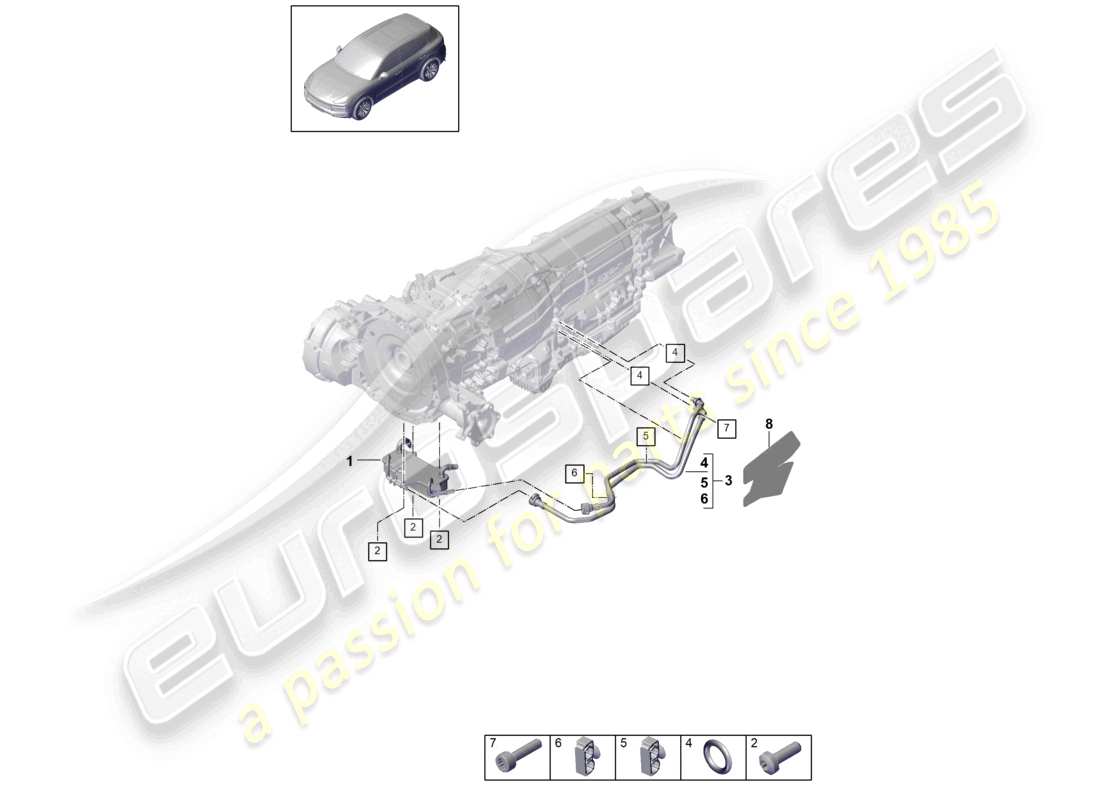 porsche 2021 (cayenne e3 9ya/9yb) 8-speed caja de cambios automática para vehículos con propulsión híbrida enfriador de aceite de engranajes diagrama de piezas del tubo de aceite