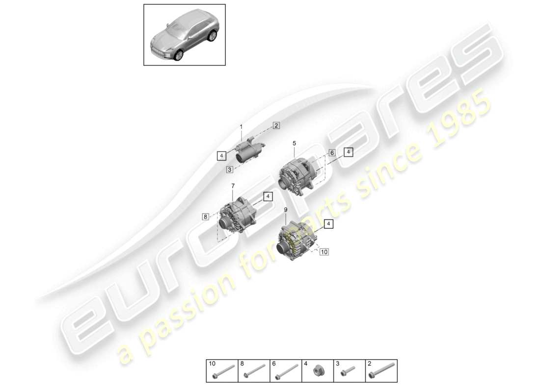 porsche 2021 (macan) diagrama de piezas del alternador de arranque