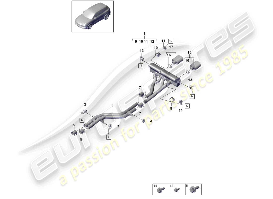 porsche 2021 (cayenne e3 9ya/9yb) sistema de escape versión deportiva titanio silenciador delantero silenciador trasero diagrama de piezas del tubo de escape