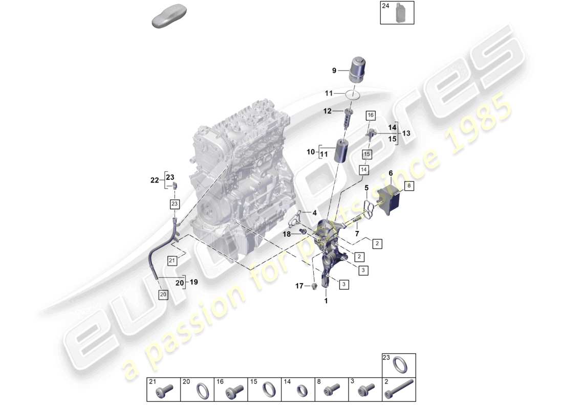 porsche 2023 (cayenne e3 pa) diagrama de piezas del enfriador de aceite de la consola del filtro de aceite