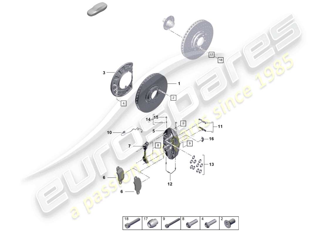 porsche 2021 (992-1) freno de disco 17 eje delantero amarillo diagrama de piezas