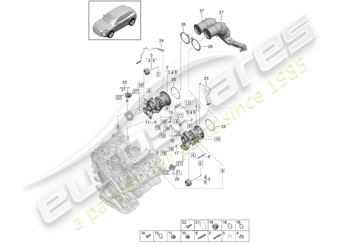 porsche 2021 (macan) turbocompresor de gases de escape colectores de escape sonda lambda diagrama de piezas
