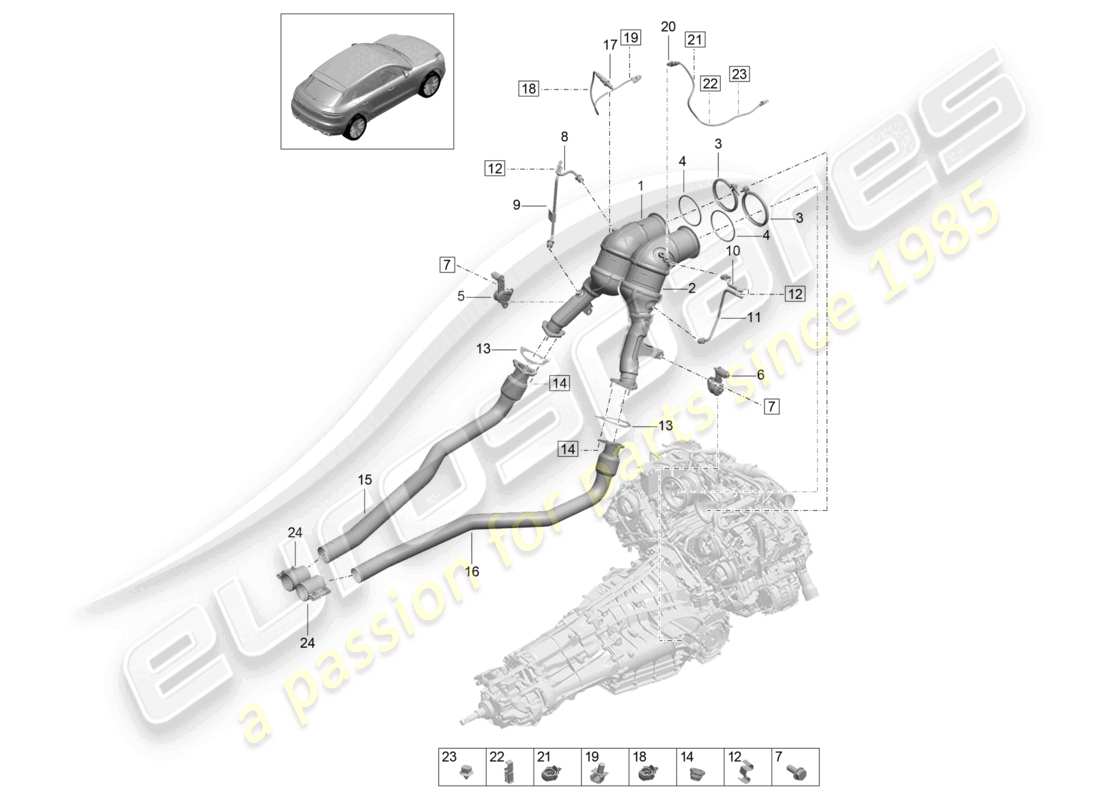 porsche 2021 (macan) convertidor catalítico filtro de partículas de gasolina sonda lambda sensor de temperatura de los gases de escape diagrama de piezas
