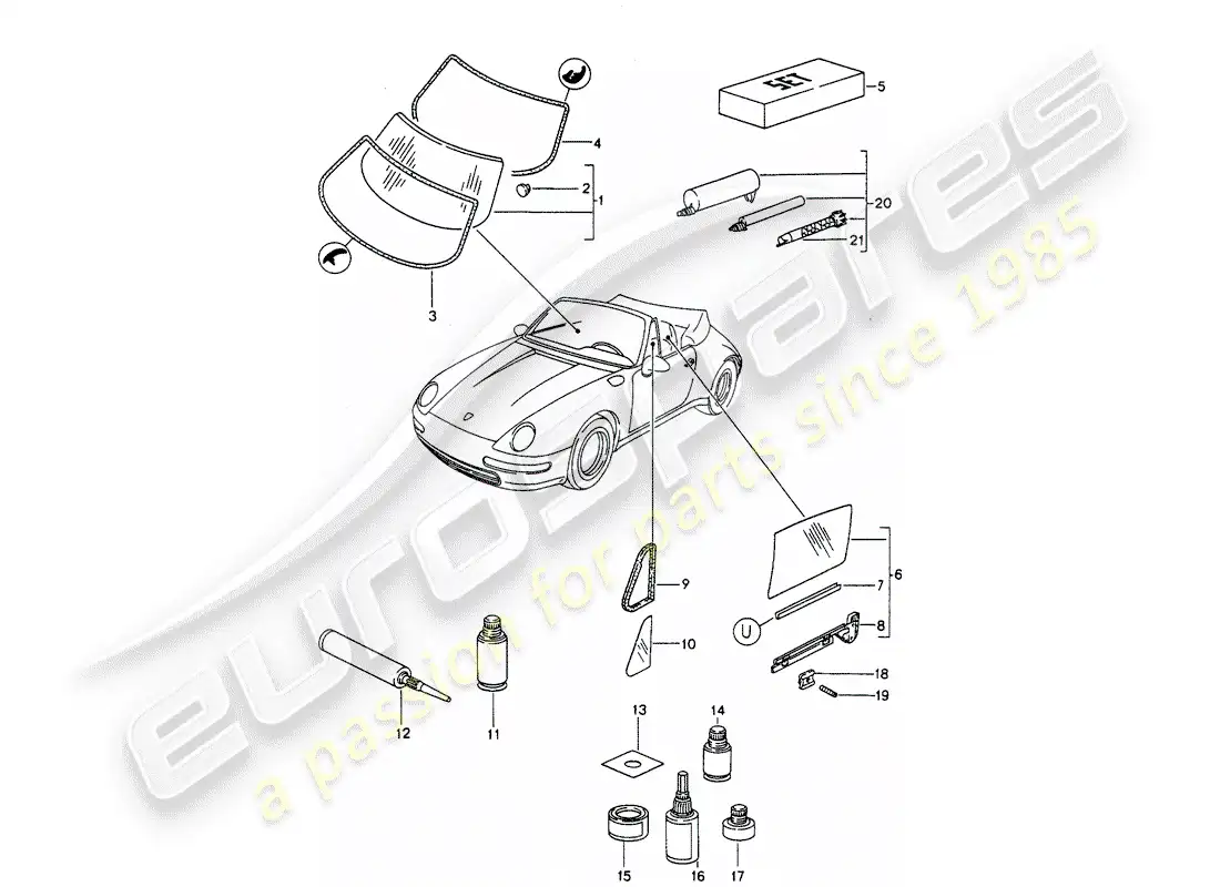 porsche 1995 (993) acristalamiento de ventanas diagrama de piezas