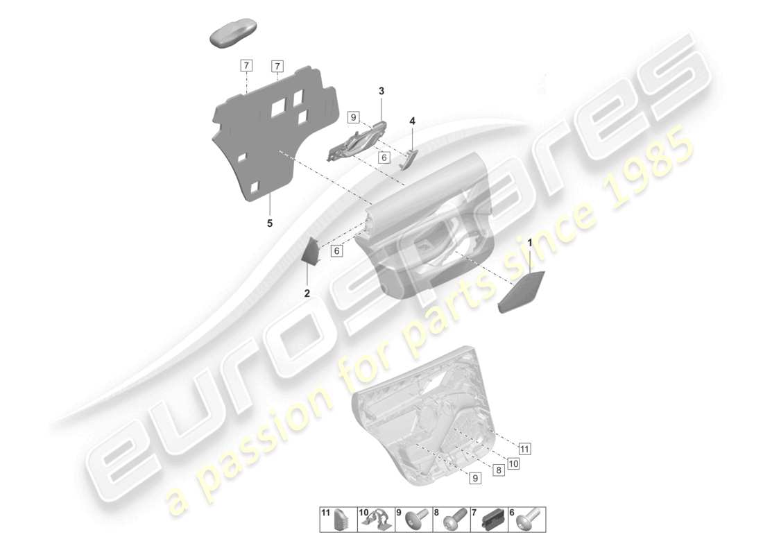 porsche 2021 (taycan 9j1-1) diagrama de piezas de sujetadores de accesorios del panel de la puerta trasera