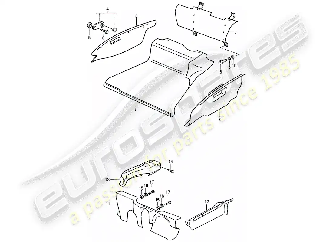 porsche 1989 (911) modelo especial - diseño de punta plana - equipamiento interior - maletero delantero esquema de piezas