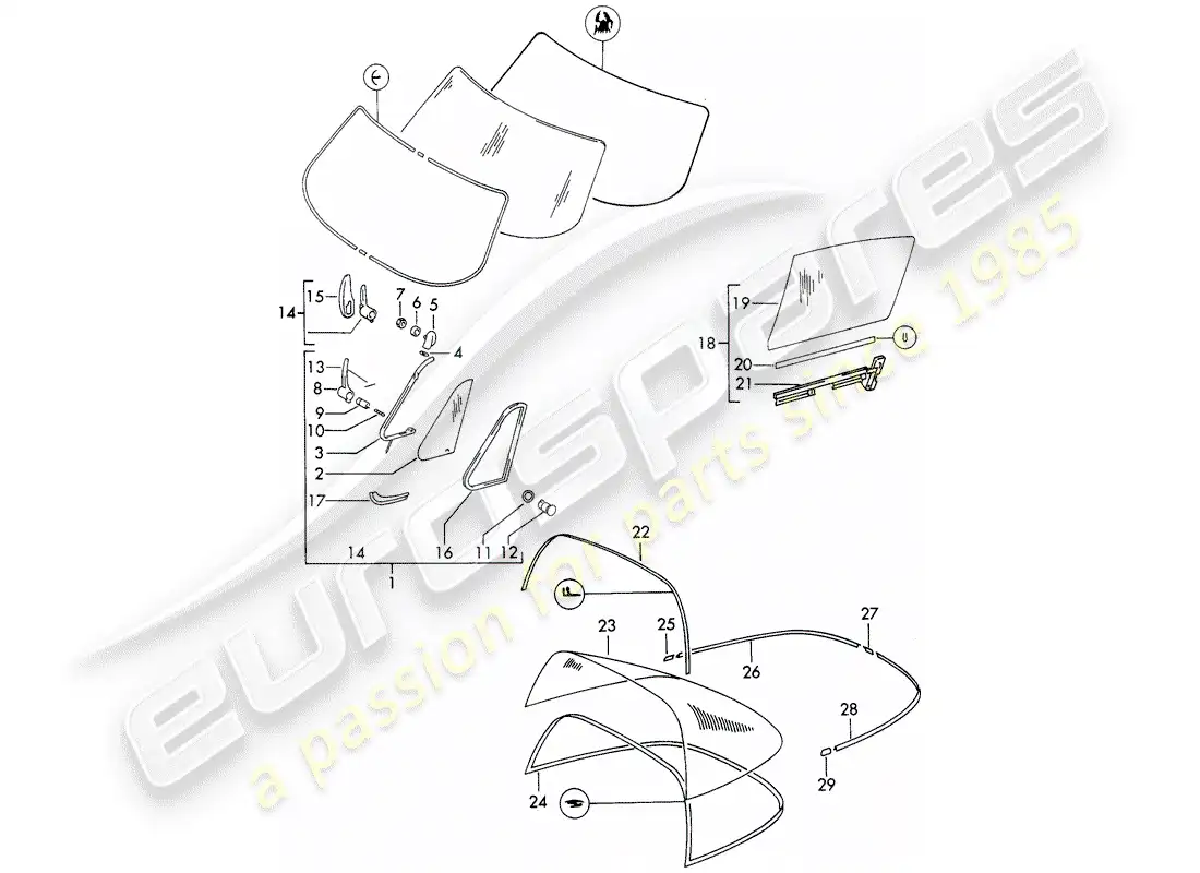 porsche 1968 (911/912) acristalamiento de ventanas diagrama de piezas