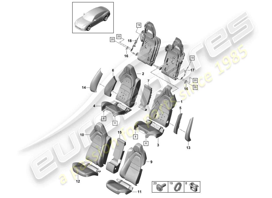 porsche 2022 (panamera 971-2) asiento trasero para vehículos con distancia entre ejes extendida versión confort fundas de asiento de espuma diagrama de piezas