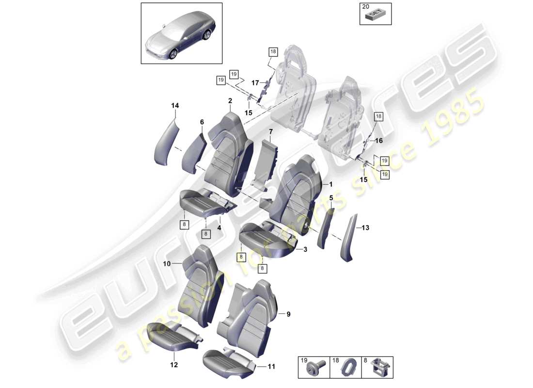 porsche 2022 (panamera 971-2) asiento trasero asiento estándar versión deportiva parte de espuma fundas del respaldo fundas del asiento diagrama de piezas