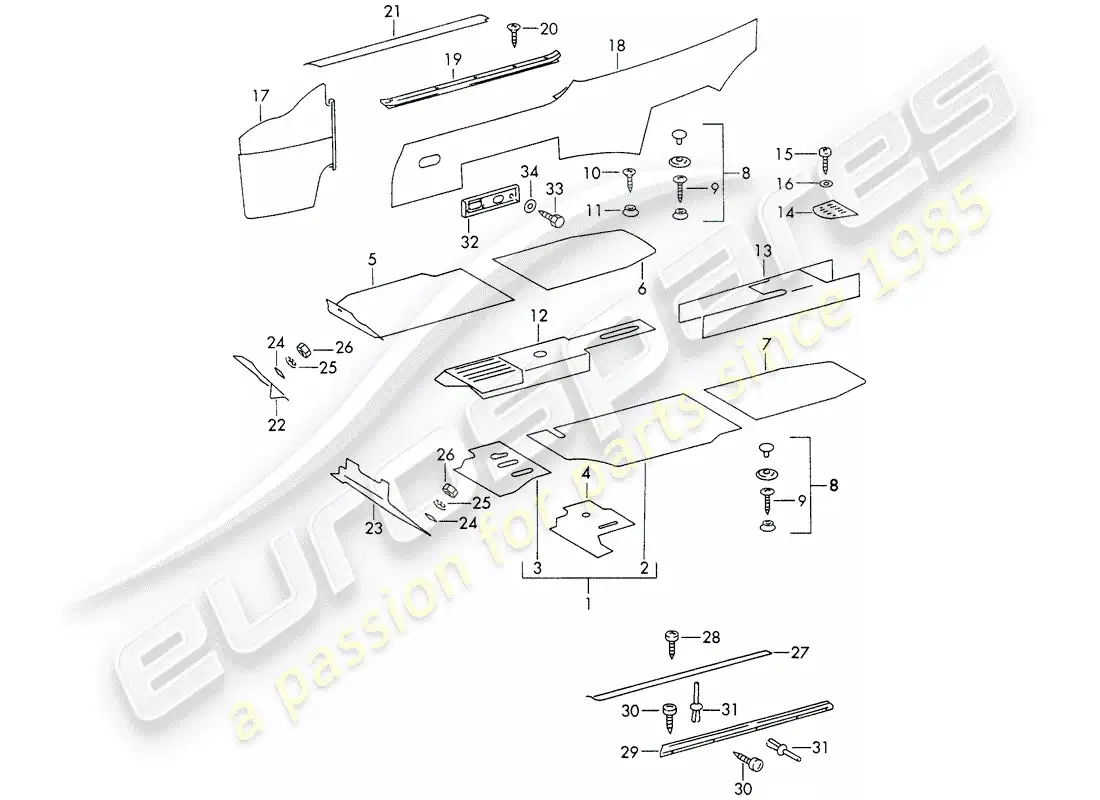 porsche 1968 (911/912) equipamiento interior diagrama de piezas