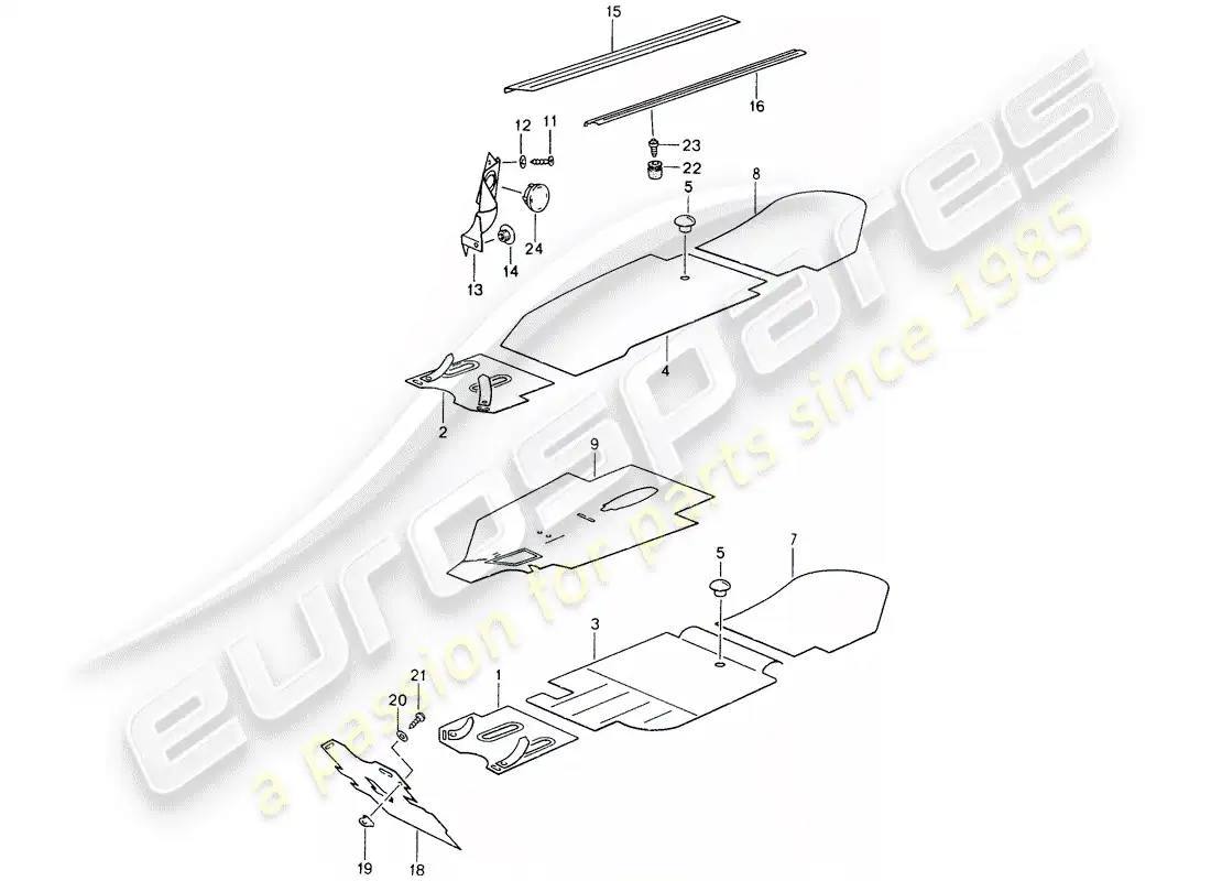 porsche 1995 (993) moldeados - espacio para los pies - alfombras desmontables diagrama de piezas