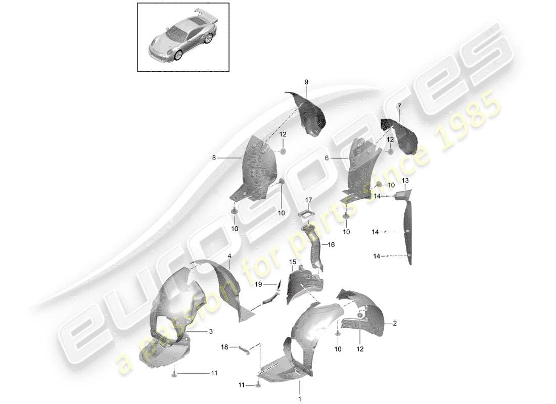 porsche 991 turbo (2018) diagrama de piezas del protector de la caseta de timón