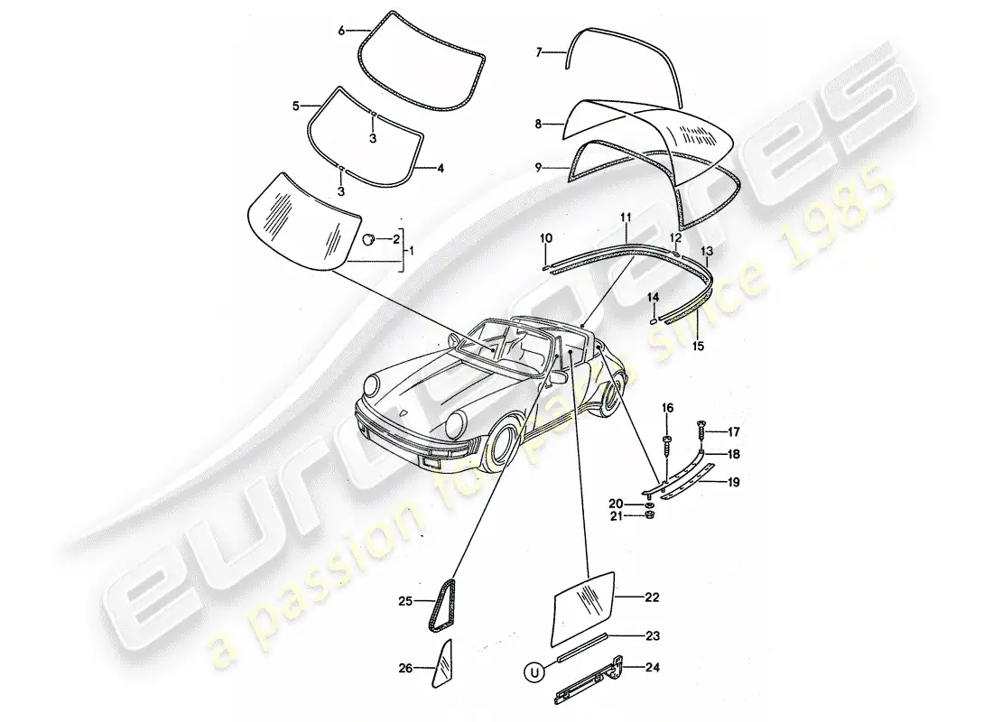 porsche 1989 (911) acristalamiento de ventanas diagrama de piezas