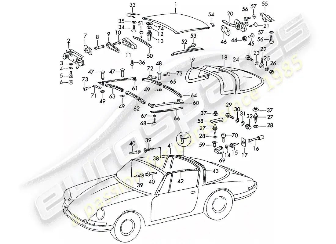 porsche 1965 (911/912) techo diagrama de piezas