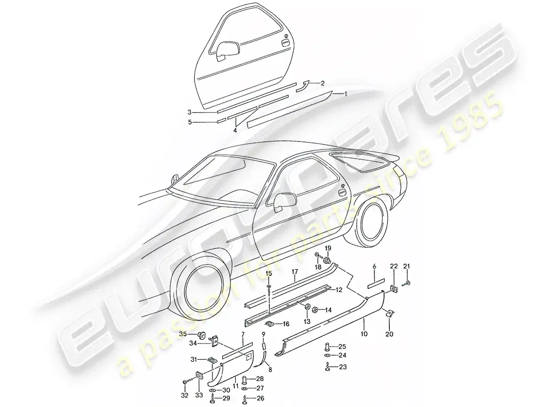 porsche 1989 (928) moldura de larguero diagrama de piezas