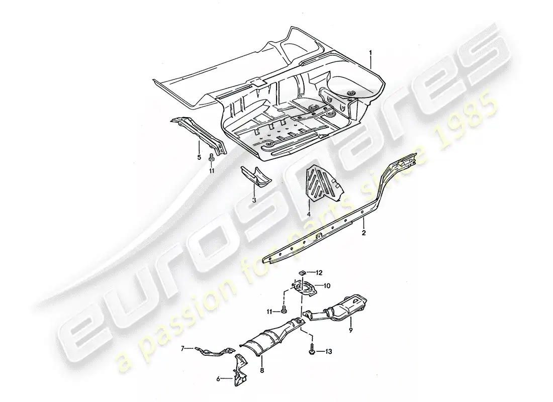 porsche 1993 (928) pan de piso - marco diagrama de piezas