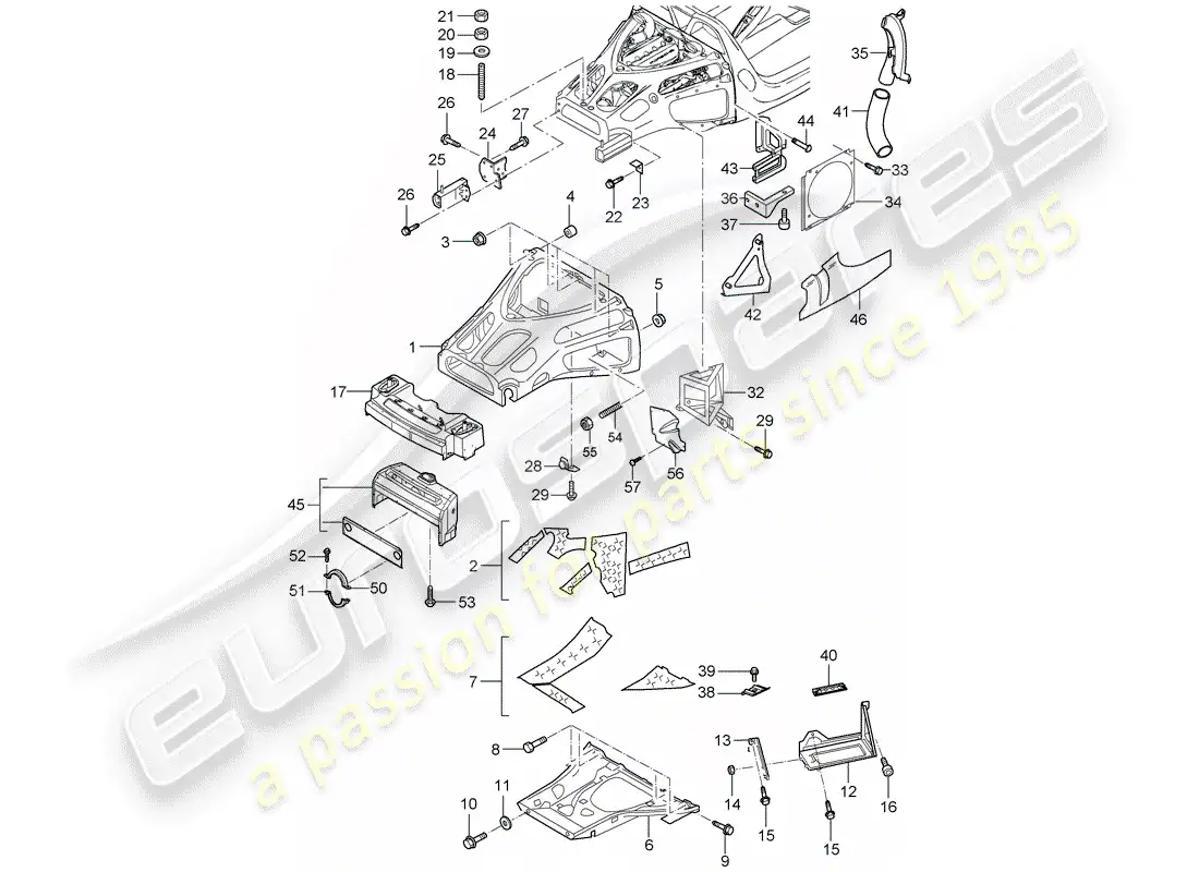 porsche 2005 (carrera gt) diagrama de piezas del extremo trasero
