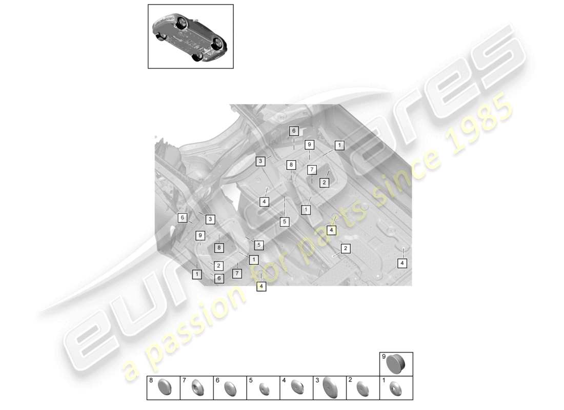porsche 2022 (panamera 971-2) diagrama de piezas de los bajos de la carrocería delantera de los tapones