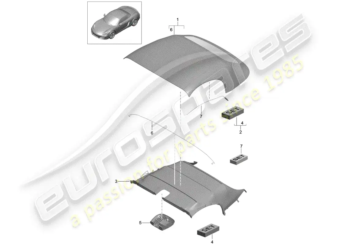 porsche 2012 (981 boxster) cubierta de capota convertible diagrama de piezas