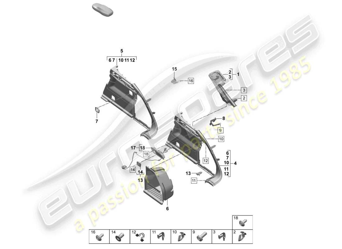 porsche 2026 (macan-e) diagrama de piezas del pilar d derecho del compartimento de equipaje