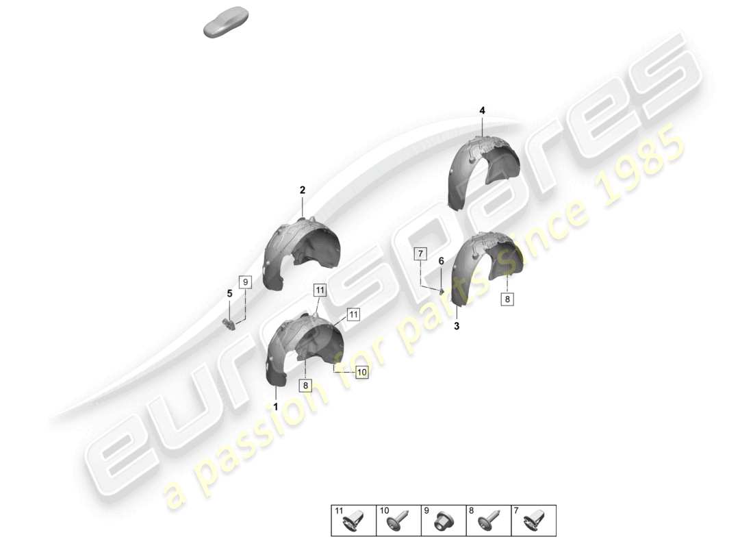 porsche 2025 (macan-e) diagrama de piezas de accesorios del revestimiento del alojamiento de la rueda delantera y trasera