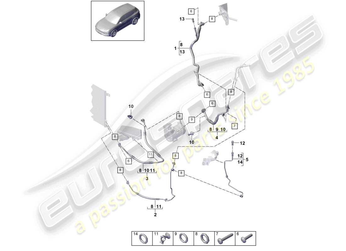 porsche 2023 (cayenne e3 9ya/9yb) circuito refrigerante v6 r1234yf para vehículos con propulsión híbrida diagrama de piezas