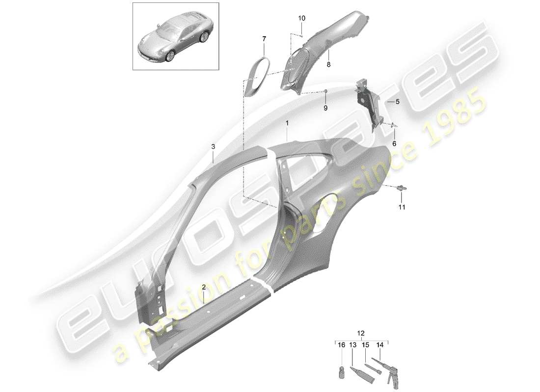 porsche 991 turbo (2018) diagrama de piezas del panel lateral