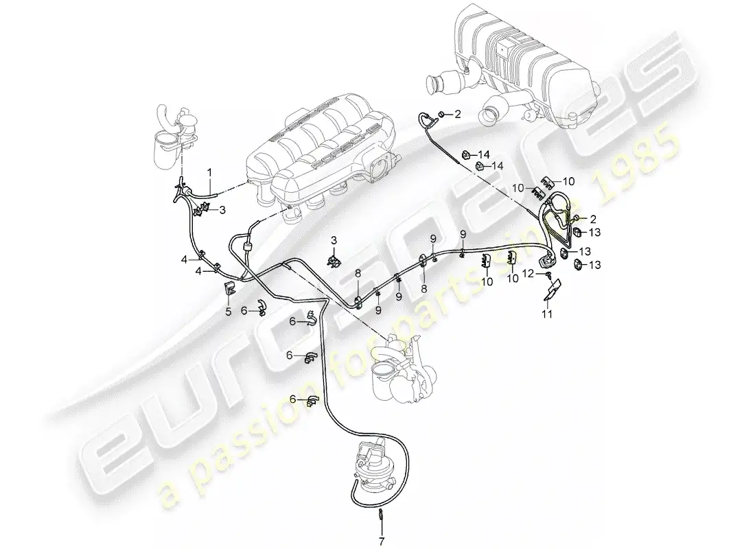porsche 2005 (carrera gt) línea de vacío - distribuidor de aire de admisión - tanque de vacío - inyección de aire - caja de control - silenciador de escape trasero diagrama de piezas