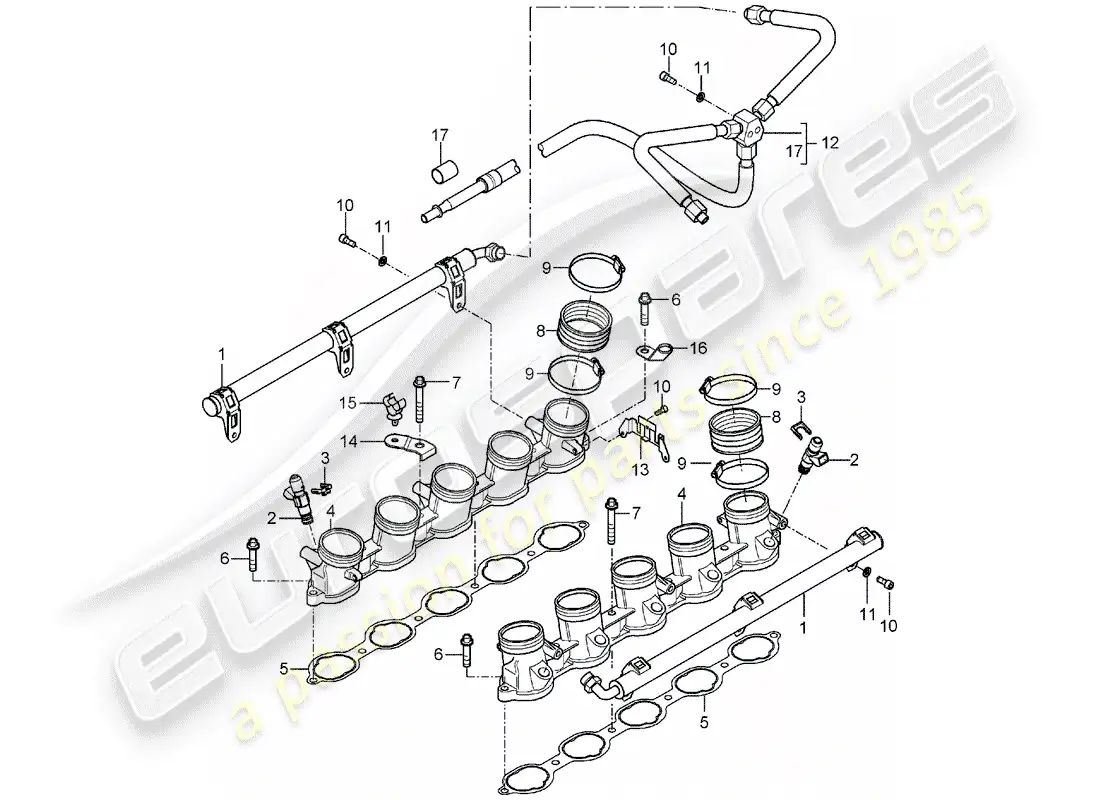 porsche 2005 (carrera gt) diagrama de piezas del tubo de recogida de combustible