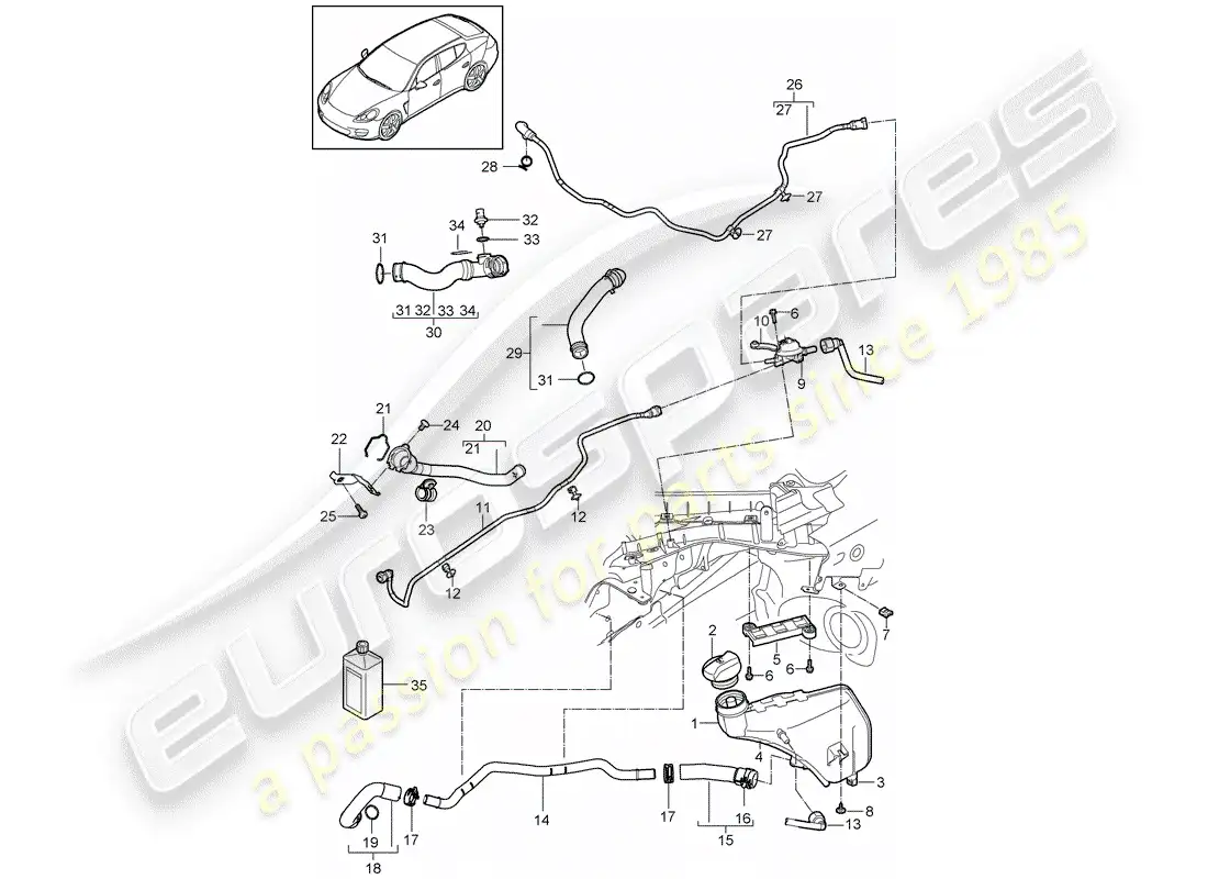porsche 2012 (panamera 970) diagrama de piezas de refrigeración por agua