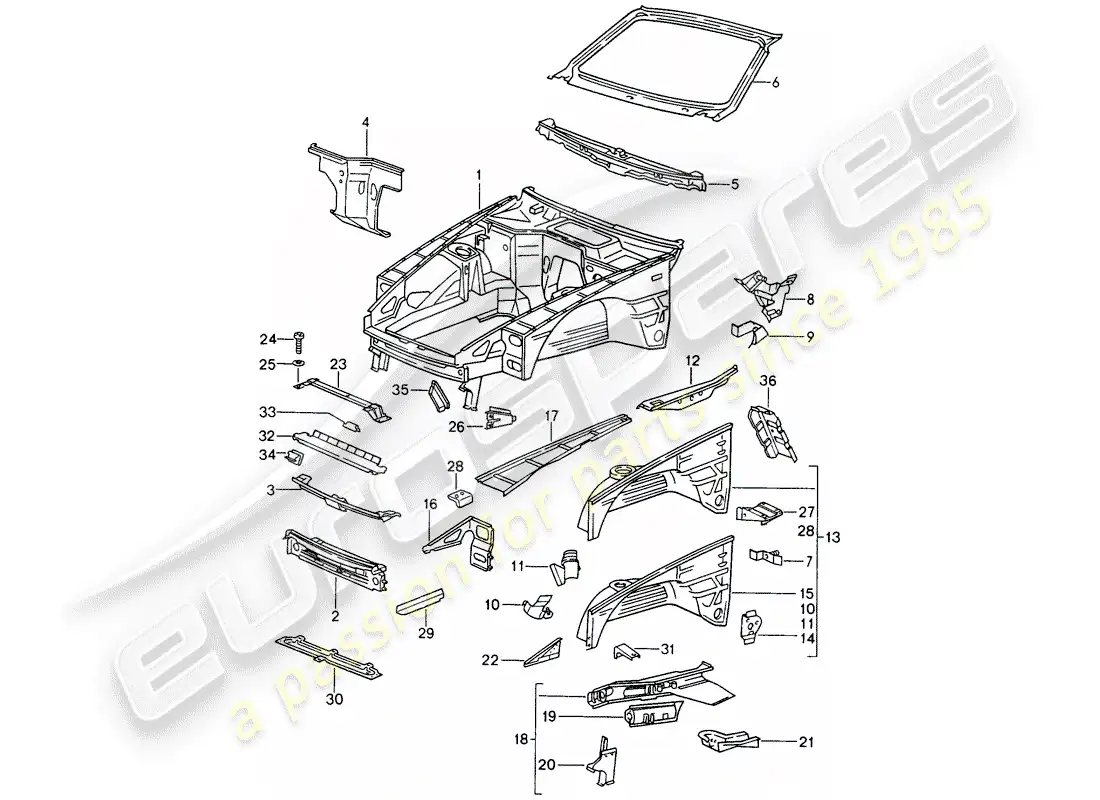 porsche 1993 (968) sección frontal del cuerpo diagrama de piezas