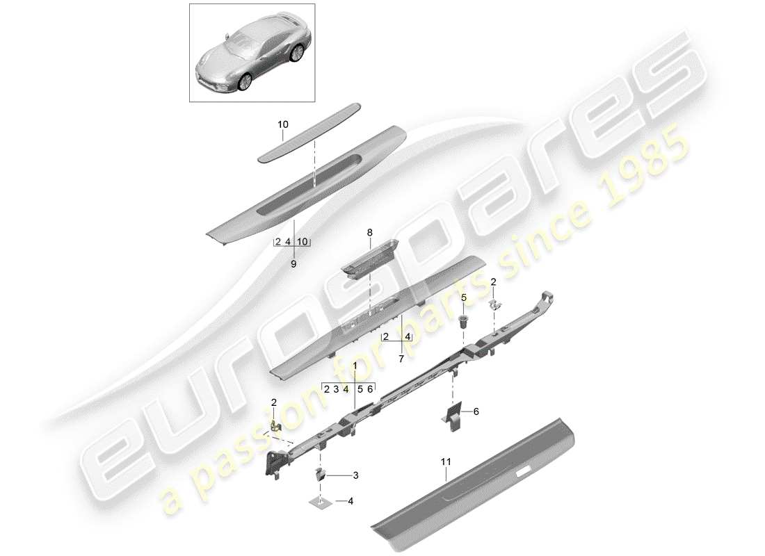 porsche 991 turbo (2018) diagrama de piezas del revestimiento
