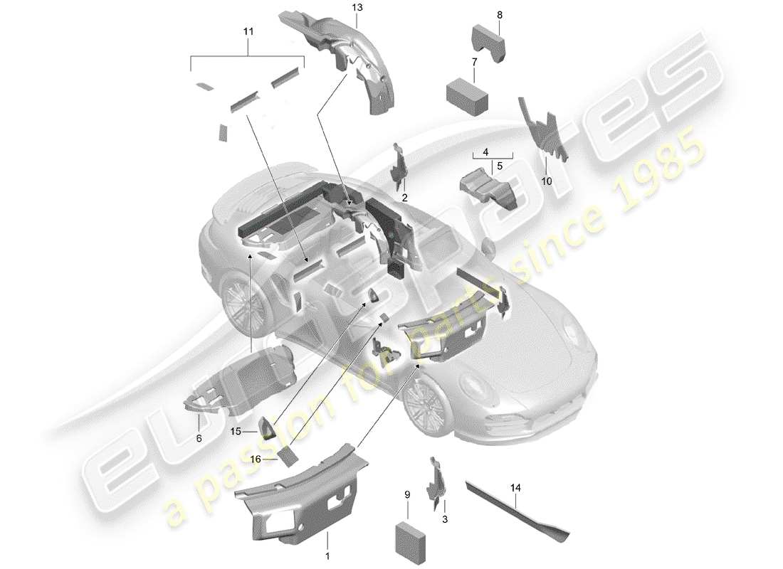 porsche 991 turbo (2018) diagrama de piezas de la carcasa del cuerpo