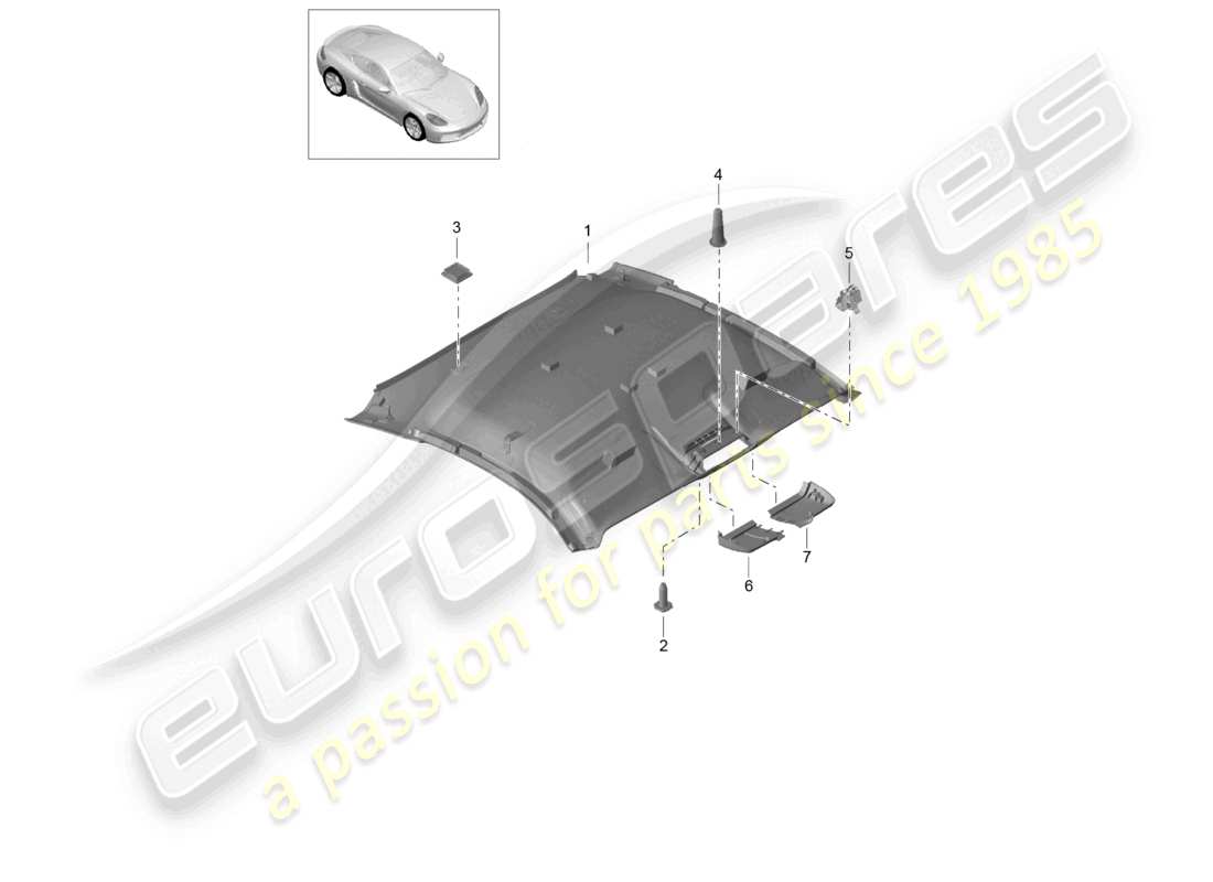 porsche 2021 (718 cayman) diagrama de piezas del revestimiento del techo