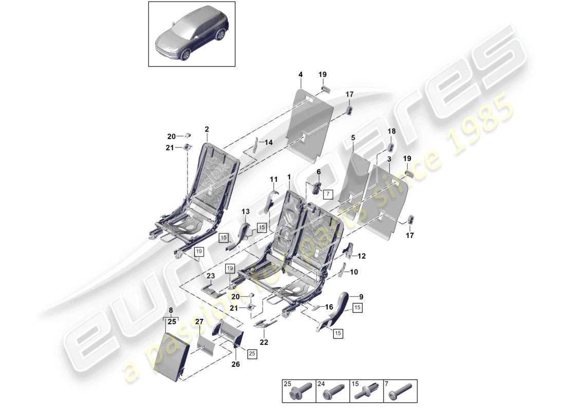 porsche 2022 (cayenne e3 9ya/9yb) respaldo del asiento trasero accesorios de moldura asiento confort diagrama de piezas
