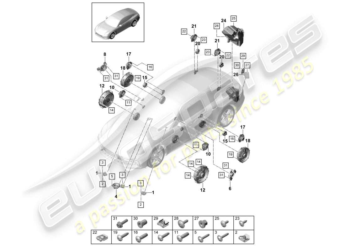 porsche 2022 (panamera 971-2) diagrama de piezas del altavoz