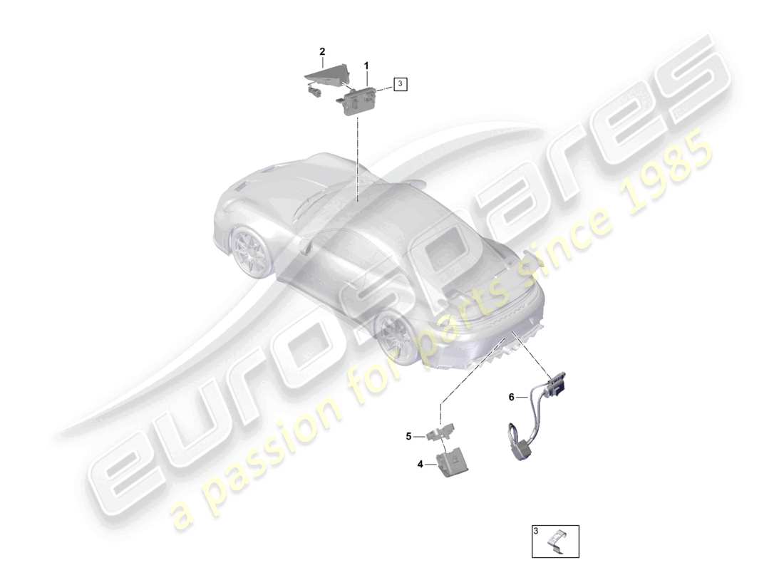 porsche 2025 (992-2 gt3) cámara frontal para programas de asistencia al conductor cámara de marcha atrás diagrama de piezas de vista superior real