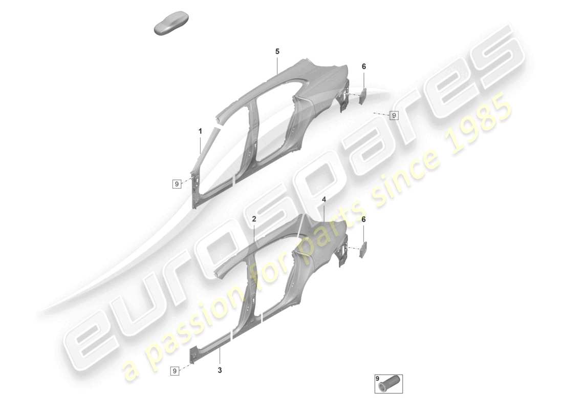 porsche 2021 (taycan 9j1-1) pieza seccional - panel lateral diagrama de piezas