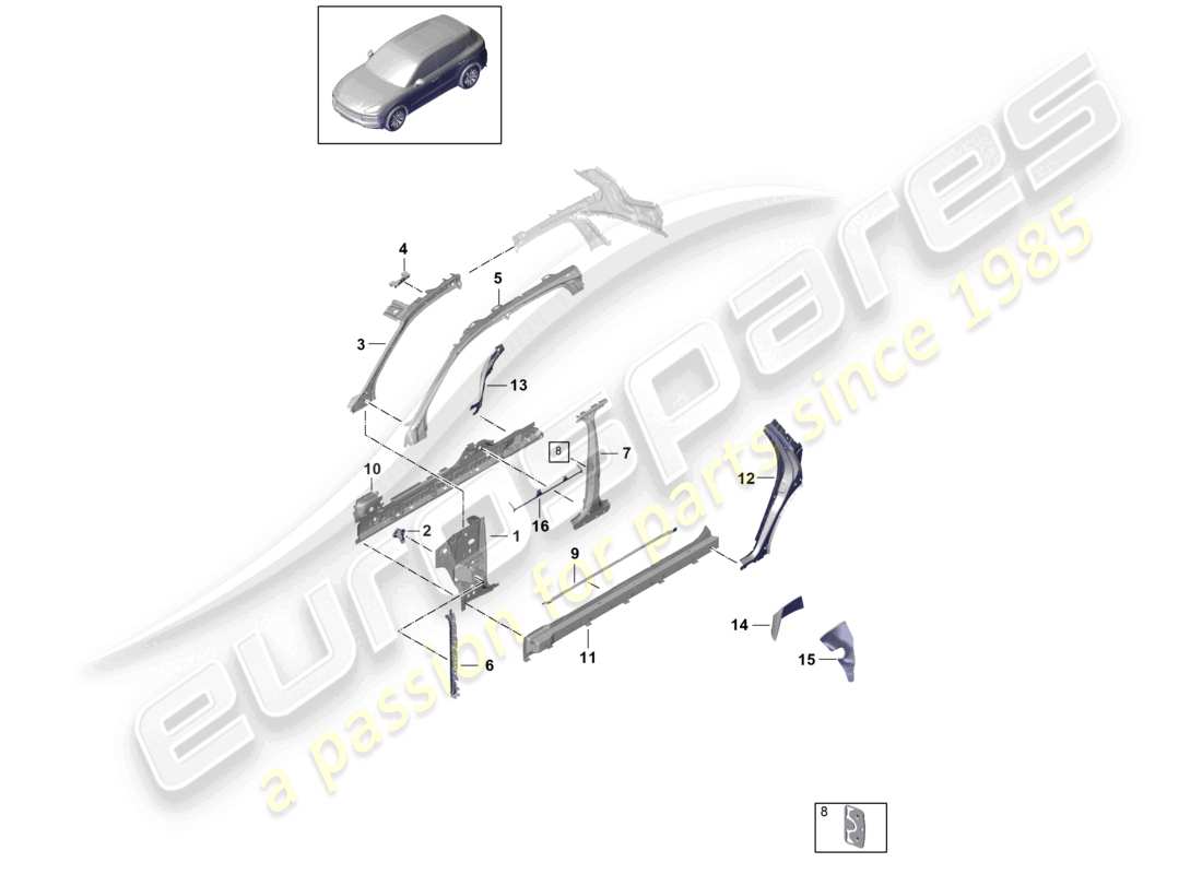 porsche 2024 (cayenne e3 9ya/9yb) diagrama de la parte lateral delantera, parte interior