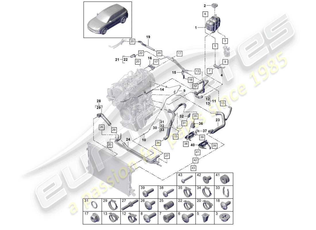 porsche 2024 (cayenne e3 9ya/9yb) sistema de enfriamiento de refrigerante tanque de expansión de refrigerante diagrama de piezas de la tubería de refrigerante