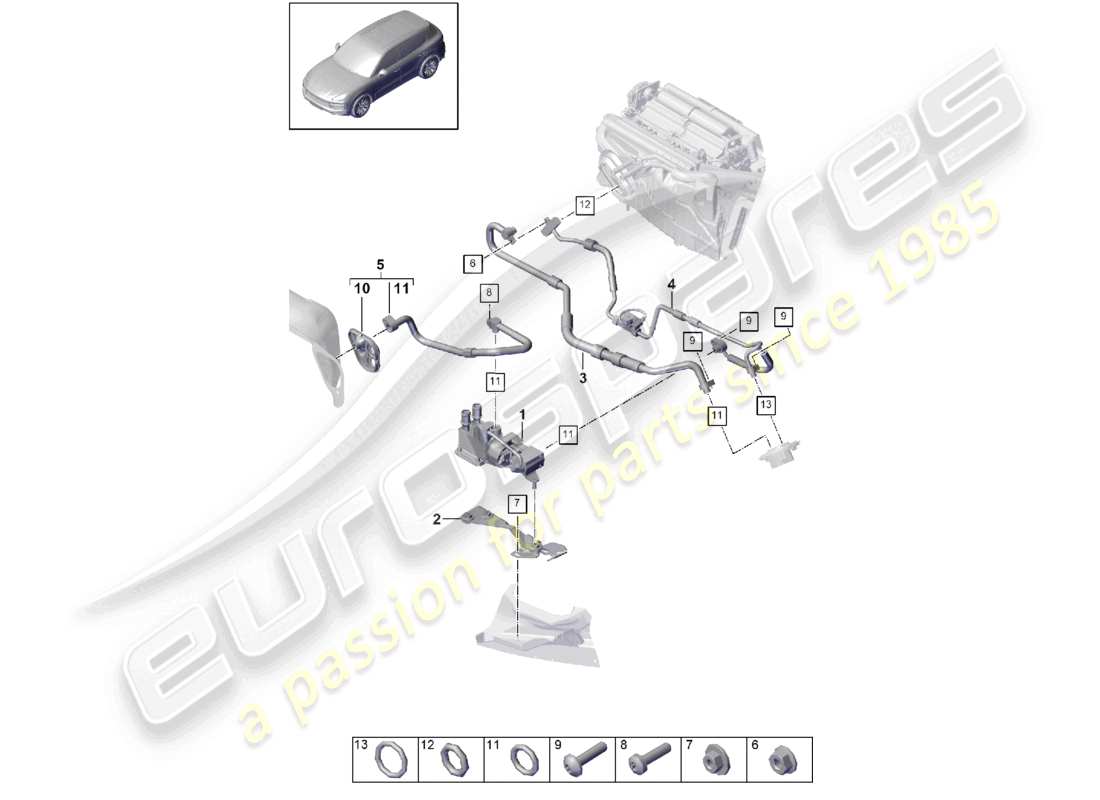 porsche 2024 (cayenne e3 9ya/9yb) diagrama de piezas del circuito refrigerante rhd de la caja de agua para vehículos con propulsión híbrida
