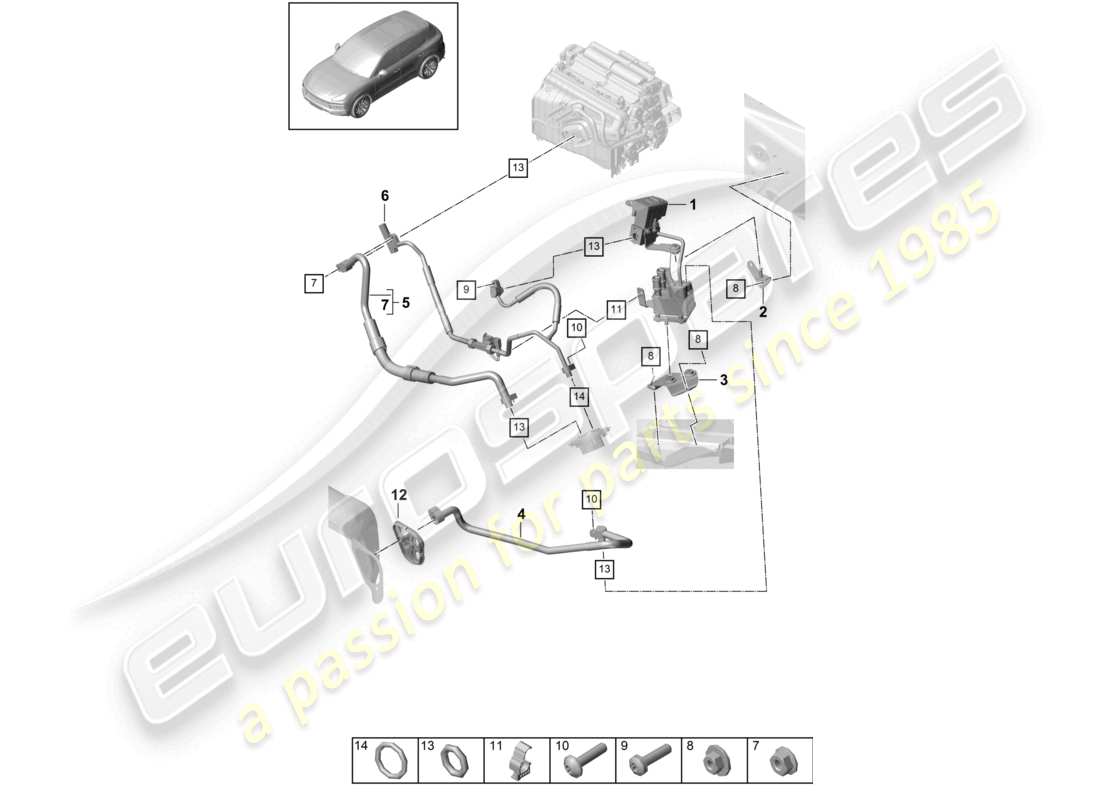 porsche 2024 (cayenne e3 9ya/9yb) diagrama de piezas del circuito refrigerante del lado izquierdo del conductor para vehículos con propulsión híbrida
