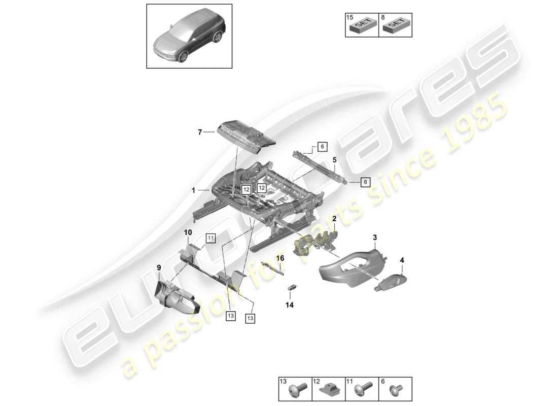 porsche 2024 (cayenne e3 9ya/9yb) diagrama de piezas del asiento deportivo del marco del asiento
