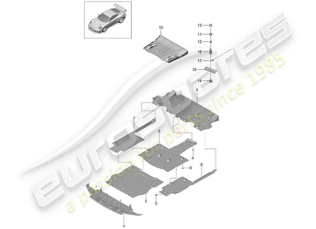 porsche 991 turbo (2018) diagrama de piezas del recubrimiento de bajos